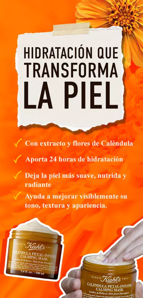 Mascarilla facial Calendula Petal-Infused Calming Mask de Kiehl's. Formula con extracto y flores de calendula que aporta 24 horas de hidratacion para transformar, suavizar y mejorar la textura de la piel.